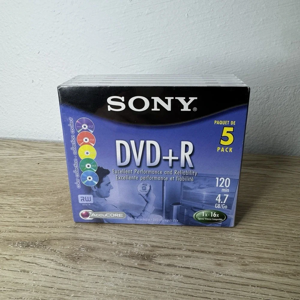 5 pack SONY DVD+R 120 min. 4.7‎ GB Color Collection Blank Recordable DVD New